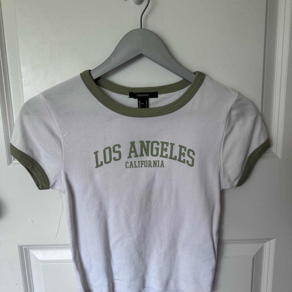 Forever 21 Fitted White and Green Short Sleeve Tee